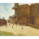 C Mugun - Street scene of figures, signed oil on canvas, framed, 60cm x 50cm :For Further