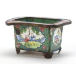 Chinese Canton enamel planter, hand painted with figures and flowers, six figure character marks