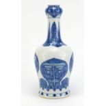 Chinese blue and white porcelain garlic neck vase, hand painted with symmetrical mythical faces, six