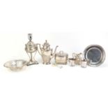 Mostly Continental silver plated items including a table lamp, demi fluted tea caddy and WMF pierced