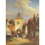 Hunt - Continental courtyard with figures, oil on board, framed, 39.5cm x 29cm :For Further