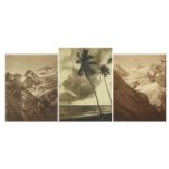 Three 19th century black and white photographs of snow covered mountains and a coastal view, each