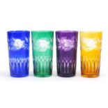 Set of four Bohemian flashed cut glasses etched with flowers, each 14cm high :For Further