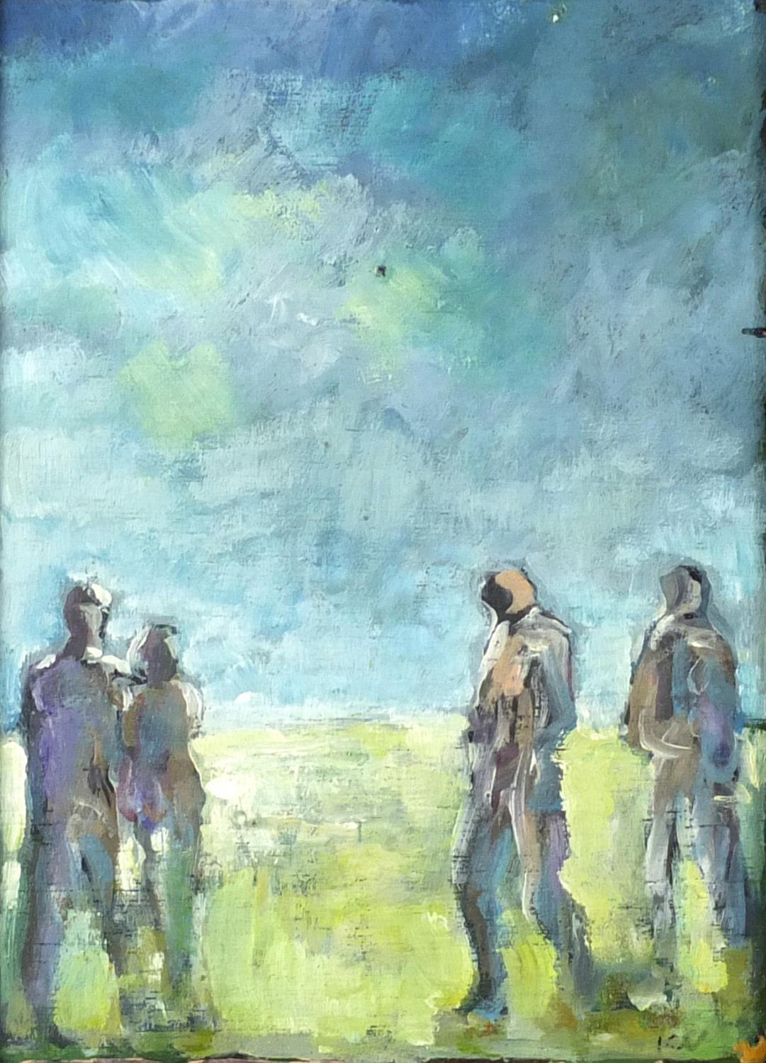 After Keith Vaughan - Four figures, Modern British School oil onto board, framed, 19cm x 13.5cm :For