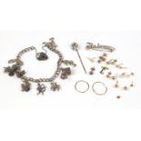 Silver charm bracelet and a collection of earrings including some 9ct gold :For Further Condition