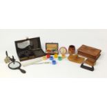 Sundry items to include inlaid box, two Bakelite photo frames and cased vanity set :For Further