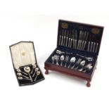 Viners mahogany canteen of silver plated cutlery and a set of desert spoons :For Further Condition