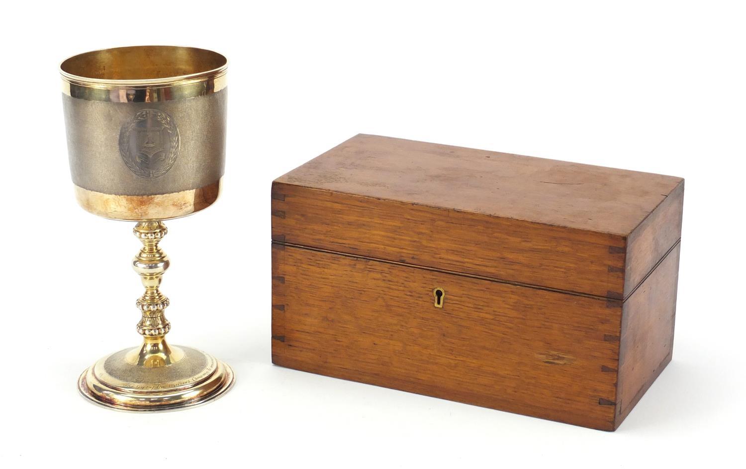 Large commemorative silver gilt chalice by Hunt & Roskell with original fitted oak case, engraved