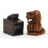 Chinese carved wood tiger and toad seated on a log, the largest 4.5cm high :For Further Condition