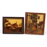 Two wooden parquetry panels of Victorian figures and a cottage, the largest 24cm x 21cm :For Further