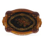 Ornate twin handled tray hand painted with flowers, 58.5cm wide :For Further Condition Reports