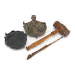 Objects comprising two ashtrays and Treen deer foot design dip pen, the largest 22.5cm in length :