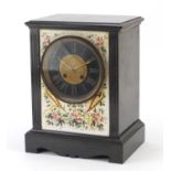 Victorian black slate mantel clock hand painted with flowers having a Japy Freres movement, the dial
