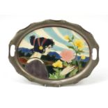 Continental Art Nouveau pottery tray with silver plated mounts, hand painted with a female picking