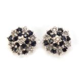 Pair of 9ct gold diamond and sapphire cluster earrings, 9mm in diameter, 1.7g :For Further Condition