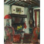 Manner of N Hudson - Room interior, oil on canvas laid on board, framed, 44.5cm x 36.5cm :For