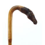 Bamboo walking stick with carved horse head handle, 91cm in length :For Further Condition Reports