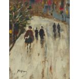 Attributed to Vincenzo Migliaro - Figures in a street, signed oil on board, mounted and framed, 24cm