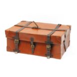 Large leather bound trunk with red beize interior, 34cm W x 87.5 D x 63cm D :For Further Condition