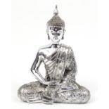 Silvered figure of a seated Buddha, 29cm high :For Further Condition Reports Please Visit Our