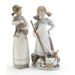 Two Lladro figurines including a girl with broom and kittens, numbered 5232, the largest 22cm