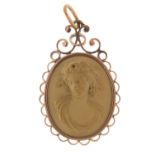 Victorian lava cameo pendant with unmarked gold mount, 4.5cm high, 8.6g :For Further Condition
