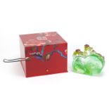 Chinese Liuli Gongfang glass sculpture with box titled welcome spring with fruits of joy, limited