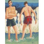 Two males wearing swimming trunks, gouache, mounted and framed, 29.5cm x 23cm :For Further Condition