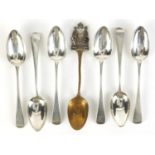 Set of six Georgian silver teaspoons and 1854-1911 enamelled souvenir teaspoon, the set 96.5g :For