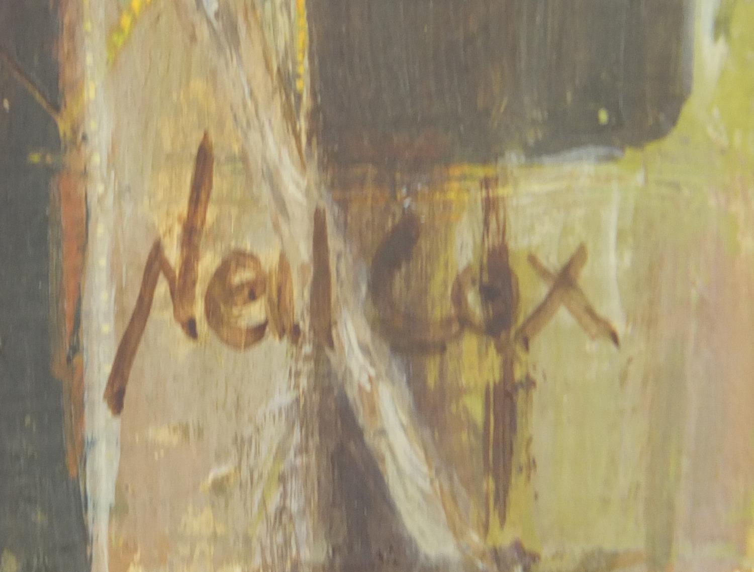 Neil Cox - Robin on Chicken wire, oil on board, Wren Gallery details verso, framed, 35.5cm x 17. - Image 3 of 5