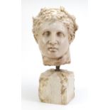 Antique white marble carving of a Roman emperor raised on a square stone base, 50cm high :For