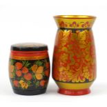 Russian lacquered vase and tobacco jar with cover, hand painted with strawberries, both with paper