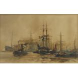 Charles Dixon 1894 - Tug boats pulling masted vessels with ocean liner, heightened watercolour,