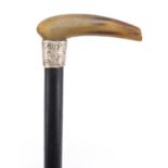 Horn handled ebonised walking stick with silver collar, 88.5cm in length :For Further Condition