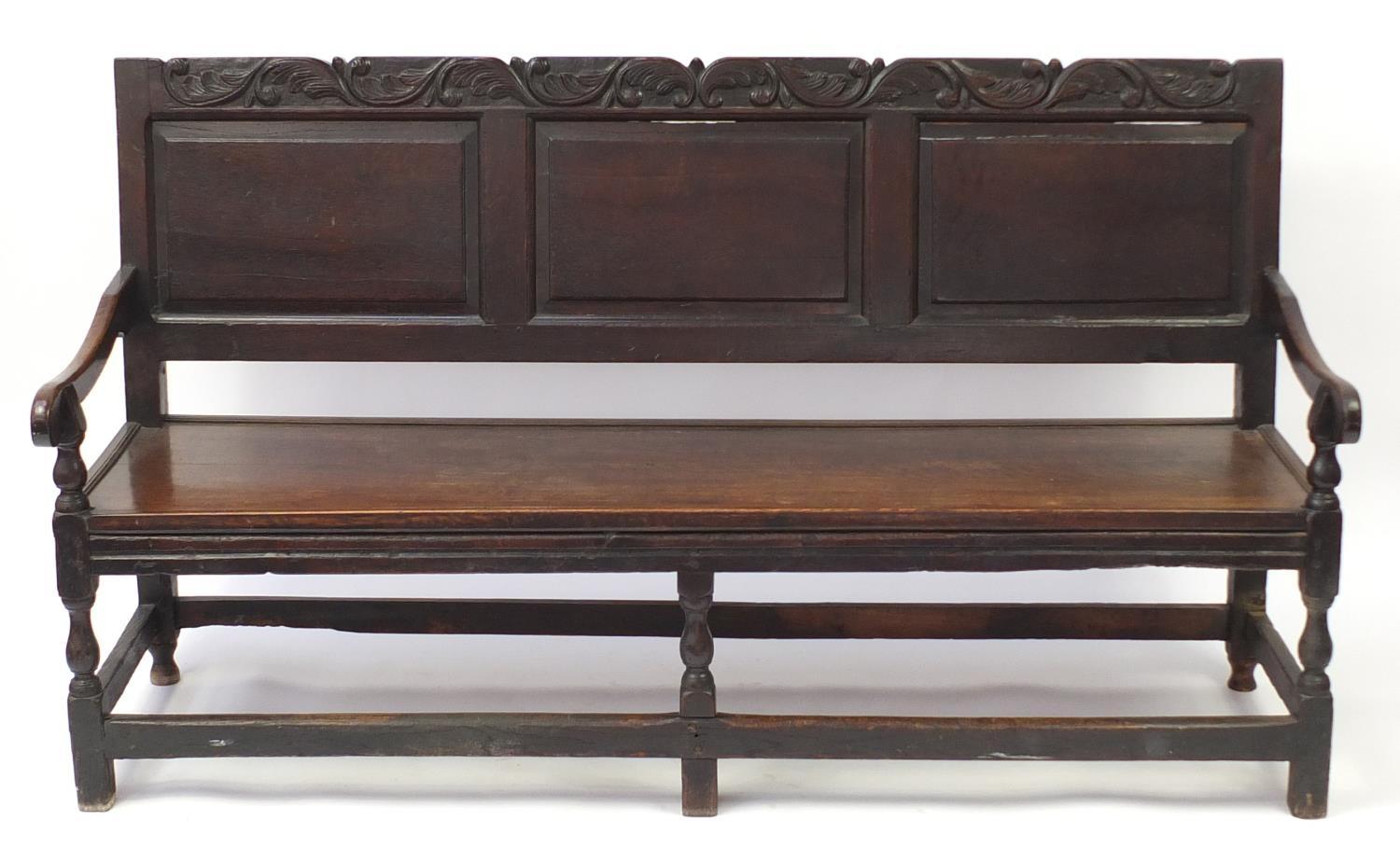 Antique oak hall bench carved with foliage, 101cm H x 182cm W x 66cm D :For Further Condition
