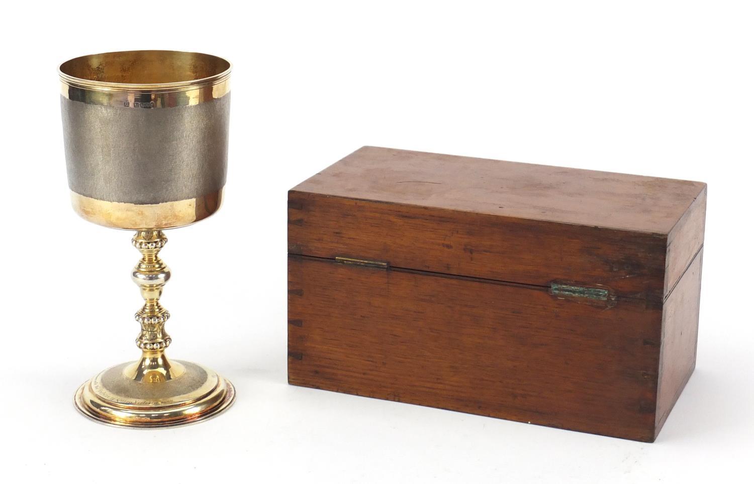 Large commemorative silver gilt chalice by Hunt & Roskell with original fitted oak case, engraved - Image 2 of 11