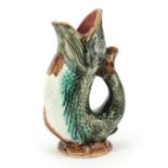 Majolica gurgle vase in the form of a dolphin, 24cm high :For Further Condition Reports Please Visit