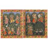 Deities and animals, pair of Indian watercolour on silk, framed, each 60cm x 46cm :For Further