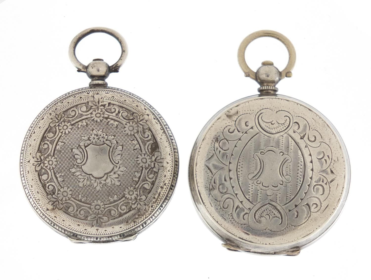 Two ladies silver open face pocket watches with ornate enamelled dials, each 35mm in diameter - Image 2 of 3