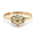 9ct gold clear stone and sapphire flower head ring, size O, 1.4g :For Further Condition Reports
