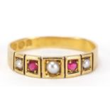 Victorian 18ct gold seed pearl and pink stone ring, Birmingham 1891, size P, 2.3g :For Further