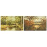 Alberta Sewell - Landscape and river through woodland, pair of oil on boards, Royal Institute of Oil