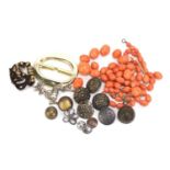 Costume jewellery including a coral necklace, marcasite deer brooch and buttons :For Further