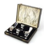Art Deco silver six piece cruet by William Neale & Son Ltd, housed in a fitted W Greenwood & Sons