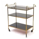 Brass three tier tea trolley with swan neck handles, 88cm H x 82cm W x 41cm D :For Further Condition