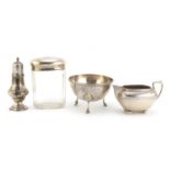 Victorian and later silver items including sugar bowl, cream jug and caster, various hallmarks,