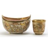 Japanese Satsuma pottery tripod bowl and beaker, each finely hand painted with figures, animals,