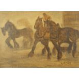 Manner of Norman Cornish - Horses in the Fog, oil onto canvas board, framed, 48cm x 34.5cm :For