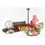 Sundry items including Ferguson radio, German wall clocks, oak smoker's stand and soda syphon :For