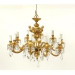 Good classical gilt brass/bronze ten branch chandelier with crystal drops, 78cm in diameter x 60cm